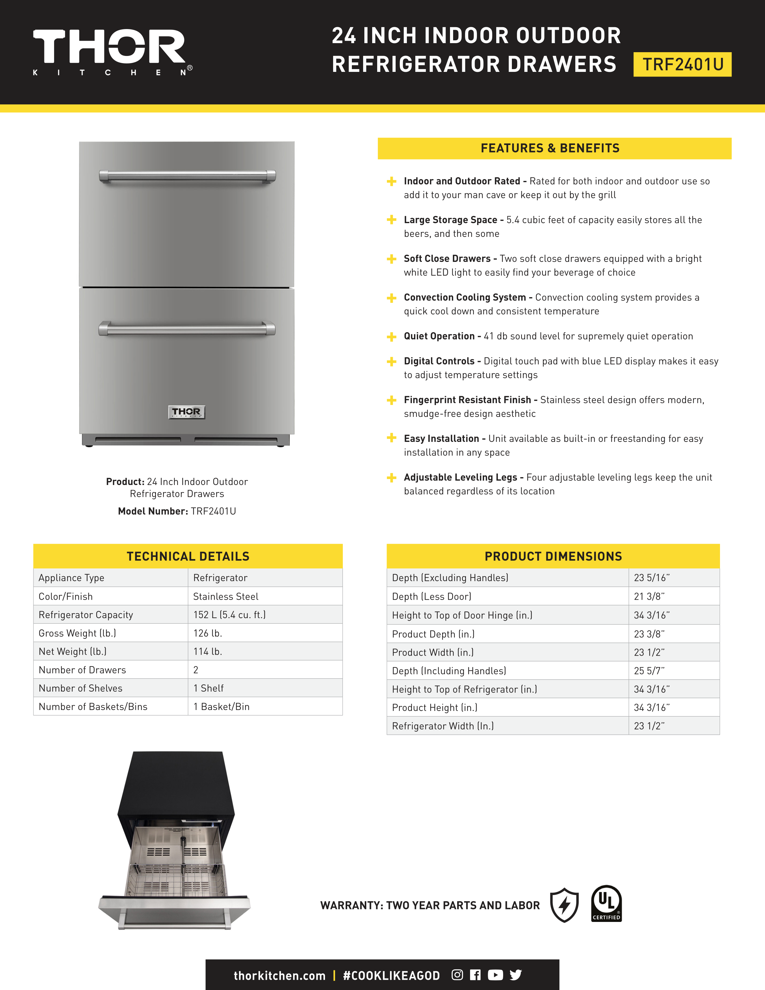 Thor Kitchen 24 Undercounter Drawer Refrigerator (TRF2401U)